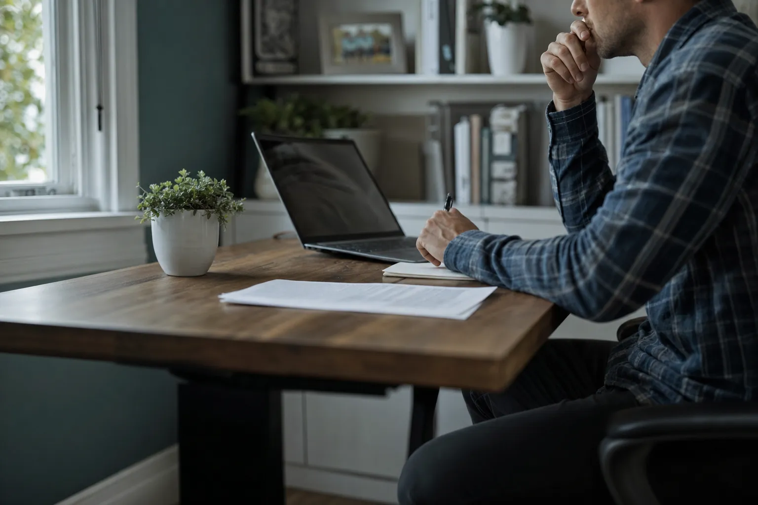 A small home office with a laptop and a face-down statement