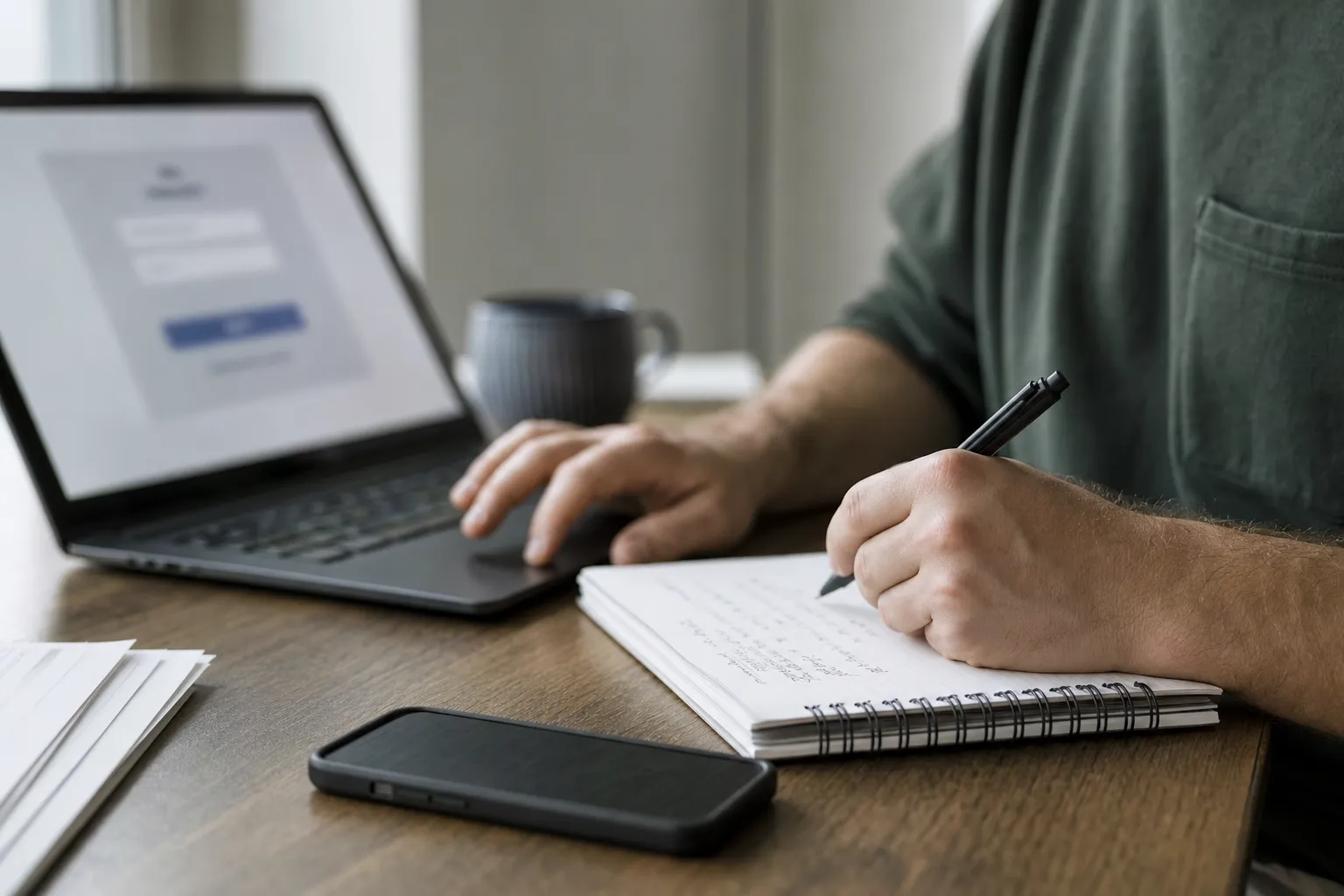 A person linking a brokerage account from a laptop, close on hands and notebook