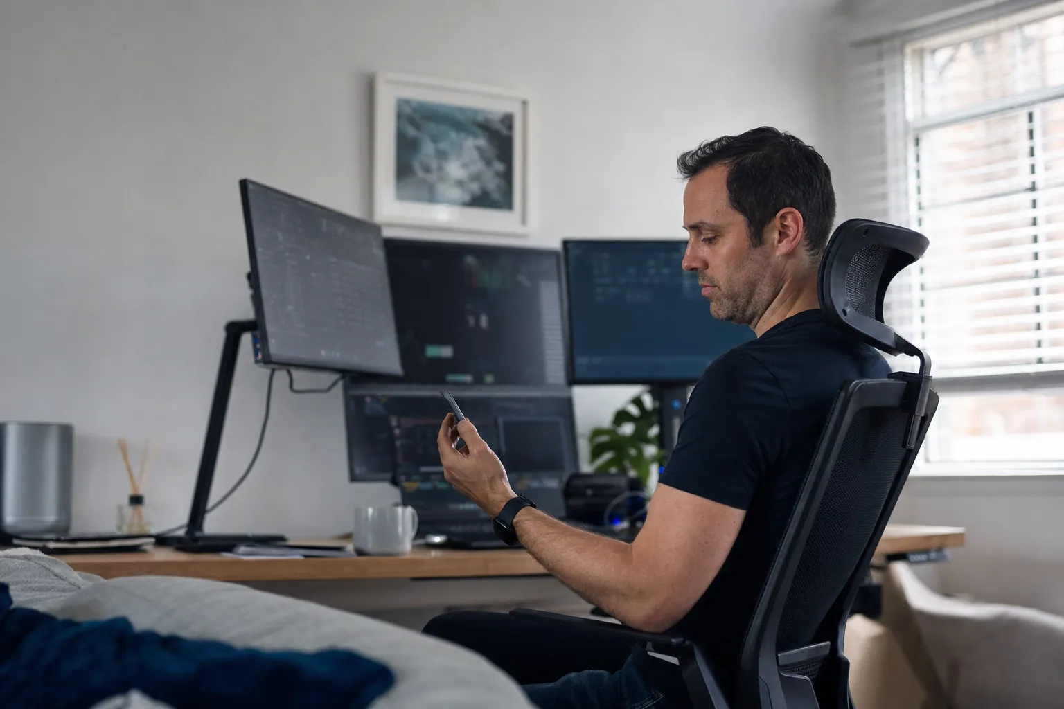 A trader at a home desk with two monitors