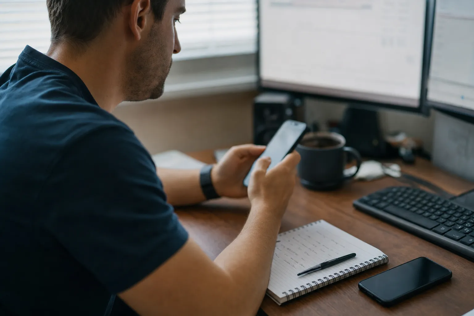 A trader at a home desk with two monitors, close on hands and notebook