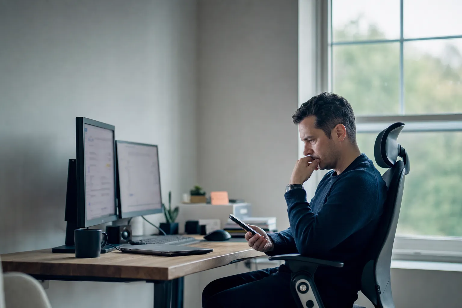 A trader at a home desk with two monitors