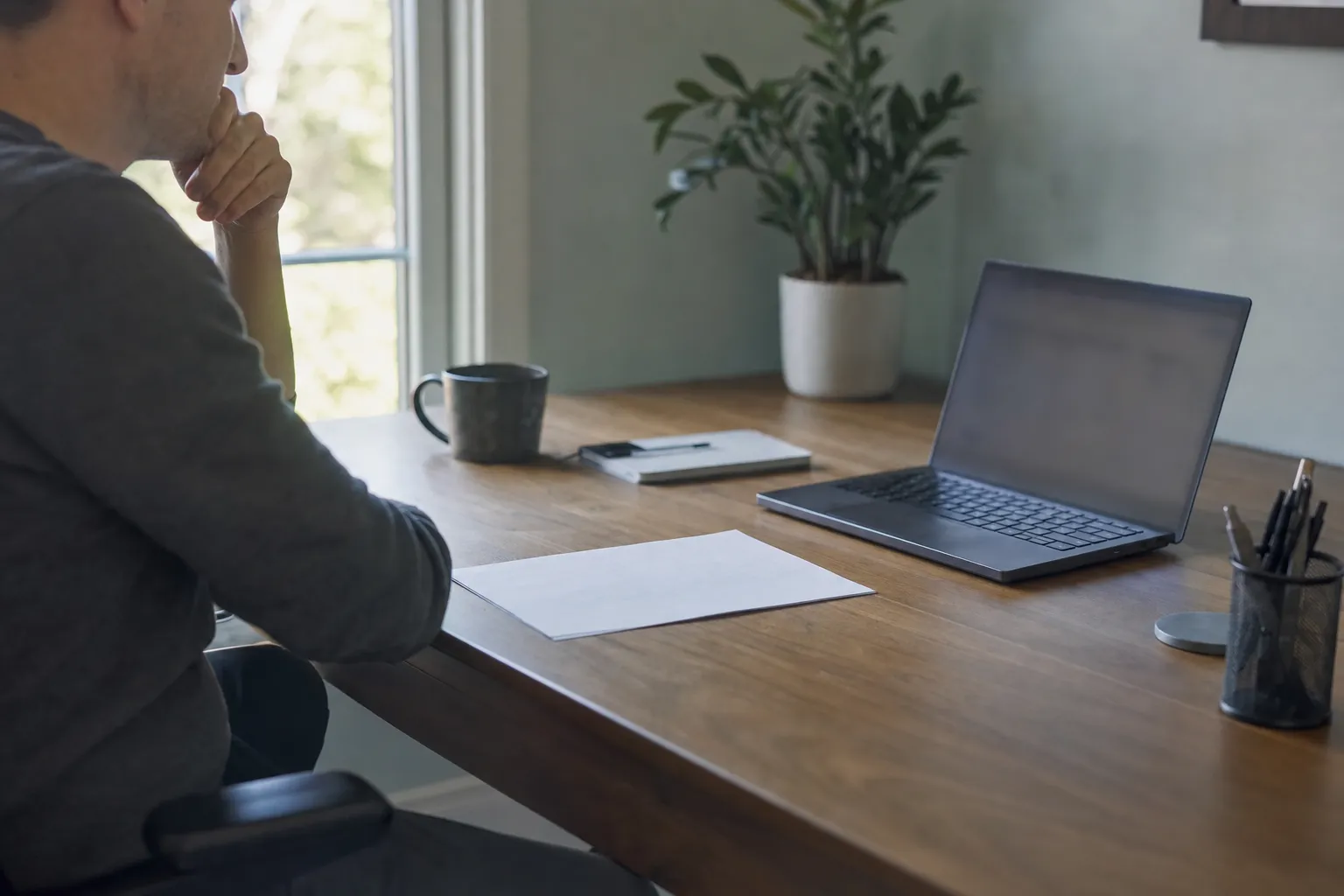 A small home office with a laptop and a face-down statement