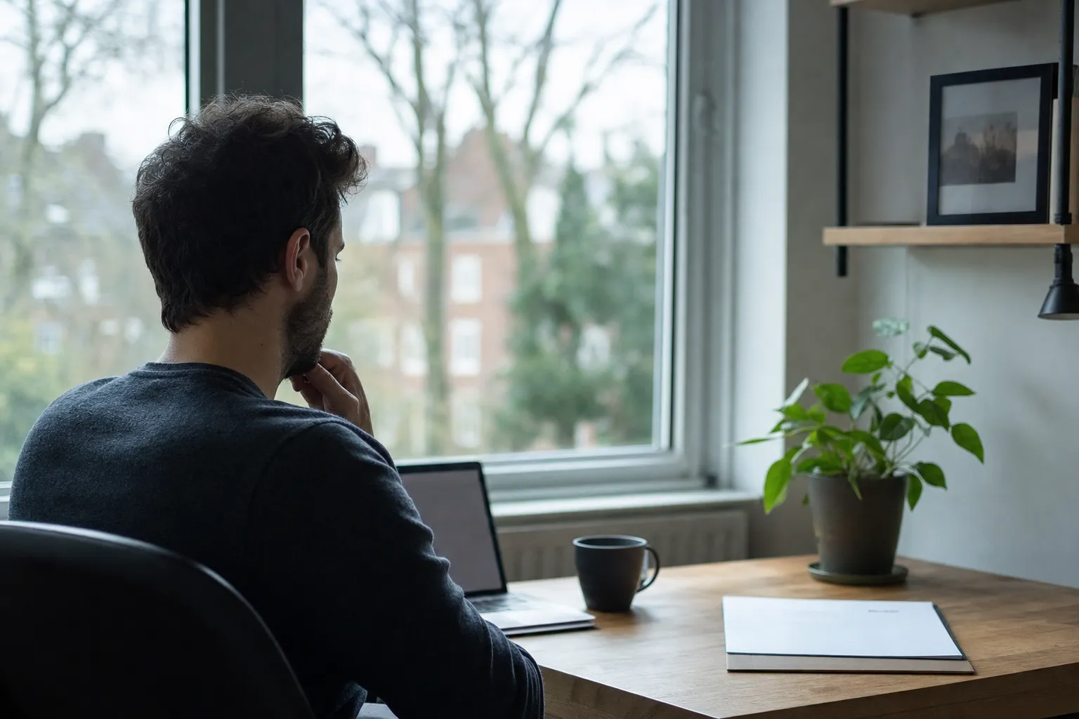 A small home office with a laptop and a face-down statement