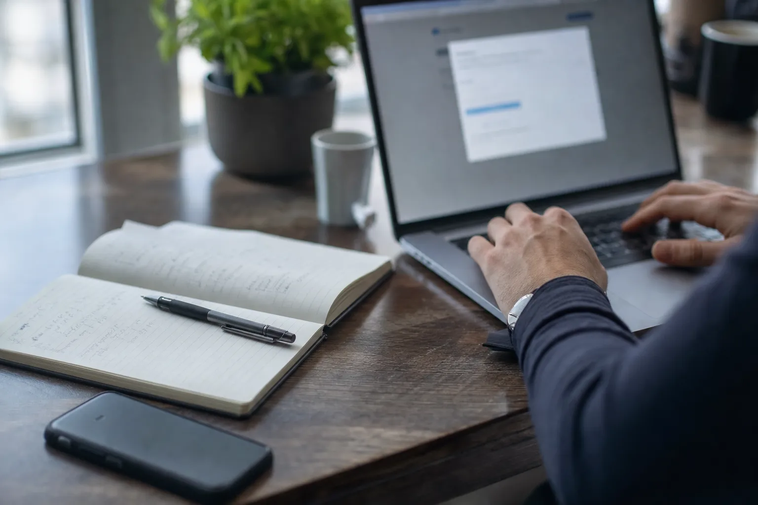 A person linking a brokerage account from a laptop, close on hands and notebook