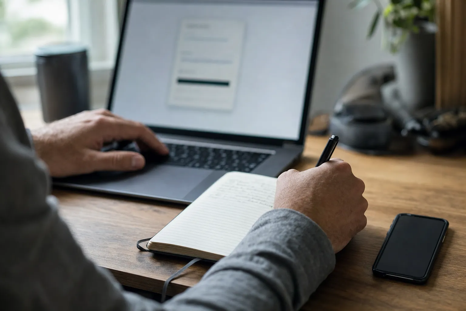 A person linking a brokerage account from a laptop, close on hands and notebook