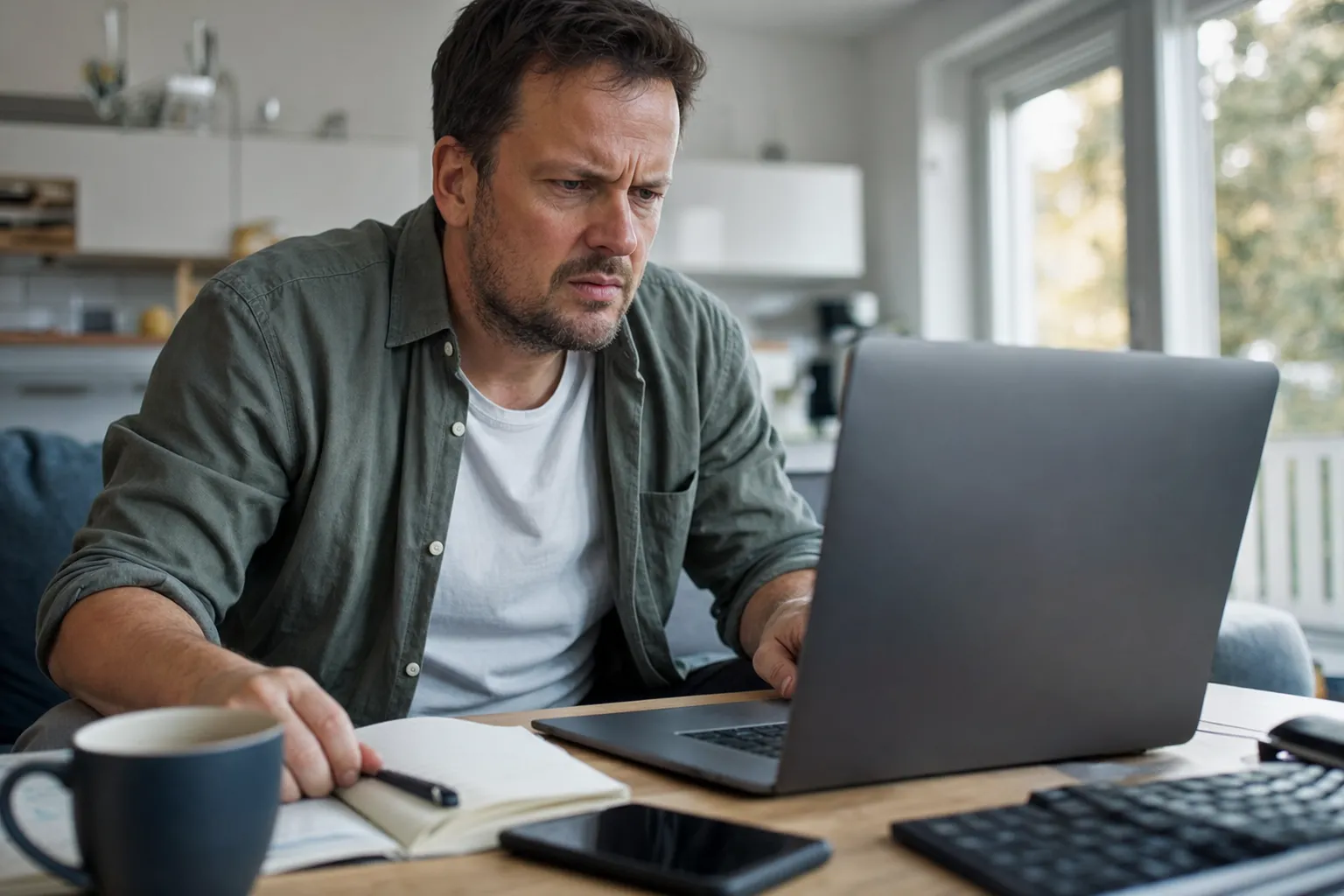 Someone reading a trading claim on a laptop, unconvinced, close on hands and notebook
