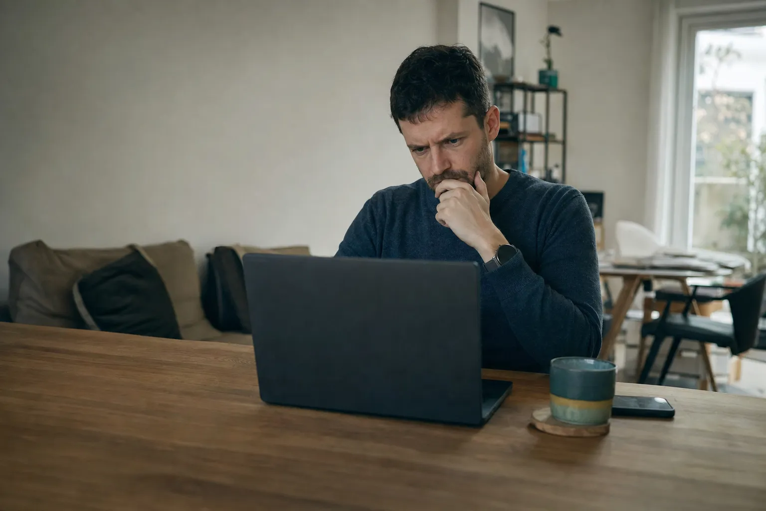 Someone reading a trading claim on a laptop, unconvinced